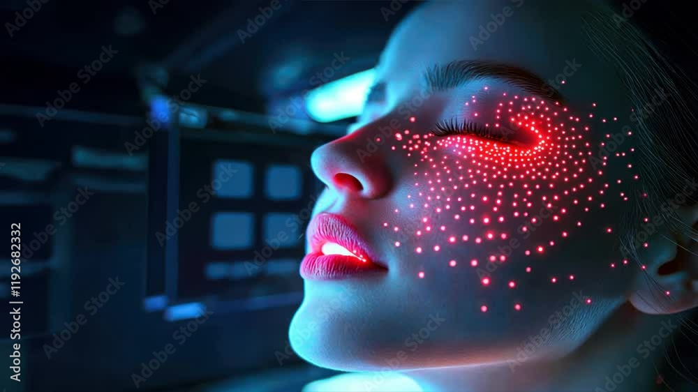 Attractive woman with glowing red dots on her face representing advanced skin care, cosmetic dermatology, skin laser, and dermatologist laser idea