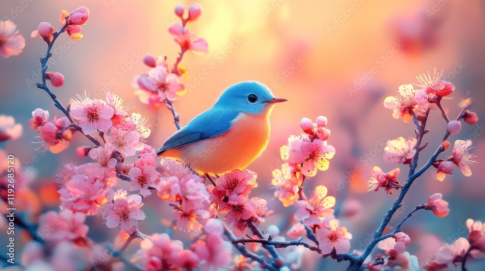 Blue bird perched on blossoming pink branches at sunrise. Blue bird perched on blossoming pink branches at sunrise.