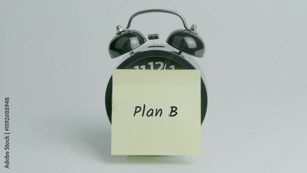 Plan B Text or Word on Yellow Note Paper Sticking onto Black Alarm Clock on White Background With Sound.