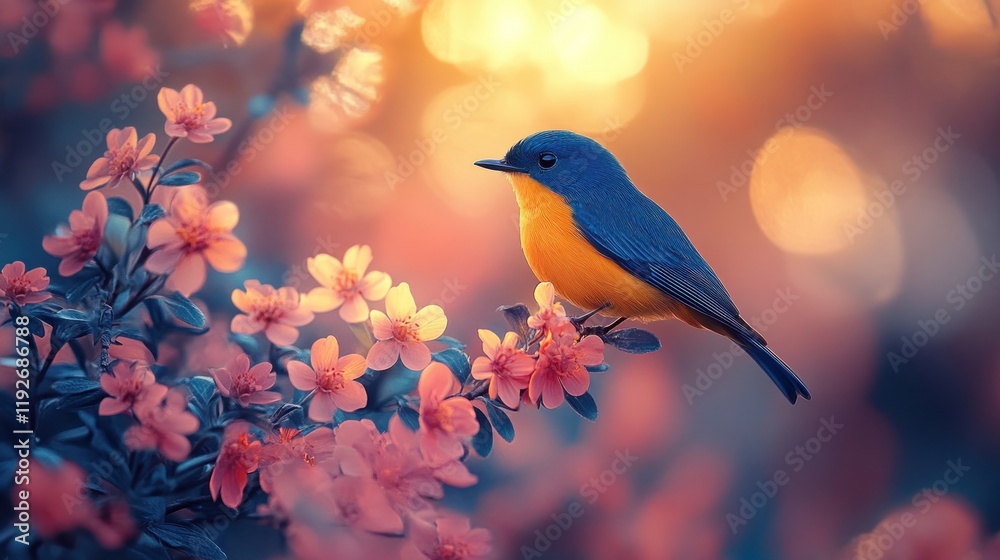 Obraz premium Blue bird perched on pink blossoms at sunset.