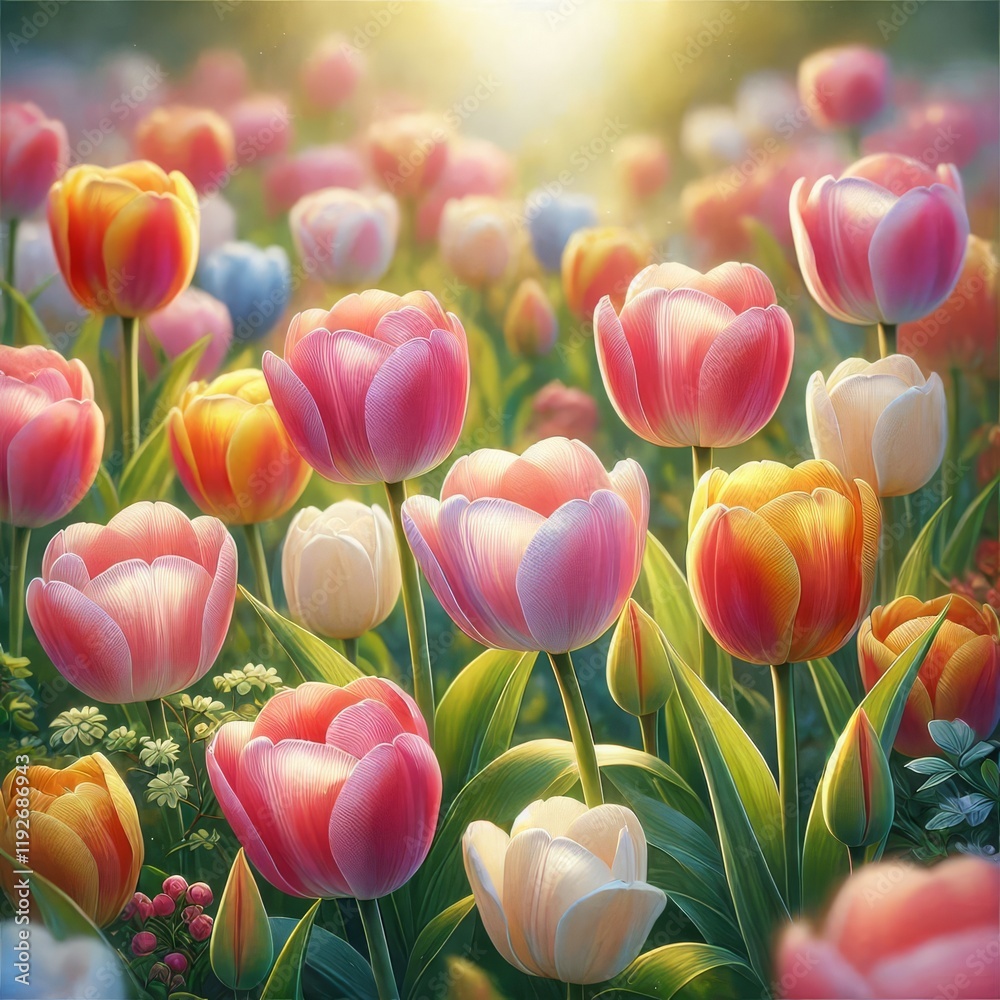 Fototapeta premium detailed photorealistic tulips spring flowers, blooming nature field garden, bright heavily blurred background 