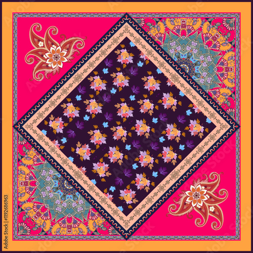 Shawl with fantasy maple leaves, mandalas and paisley in bright colors. Fashi...