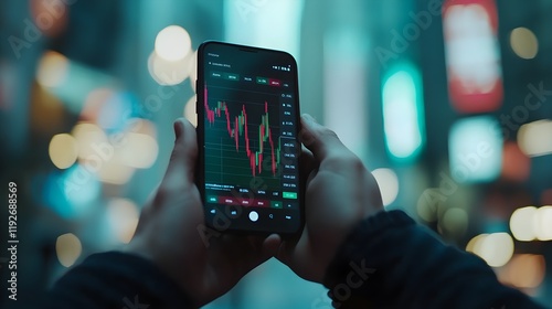 A close-up of a hand holding a smartphone displaying a volatile stock trading app with fluctuating red and green candlesticks, set against a blurred background of financial news screens. 