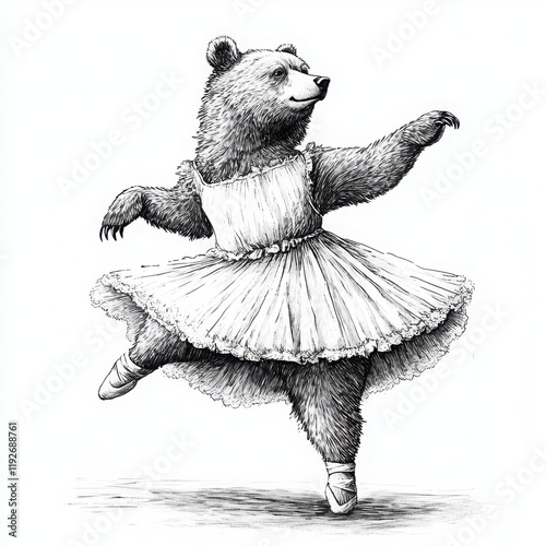 A bear performing an elegant pirouette in a ballet performance, drawn in black and white illustration style with a white background  photo