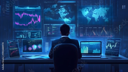 A business analyst sitting at a desk, comparing different financial scenario models on a laptop, with documents and charts showing projected economic outcomes spread across the table. 