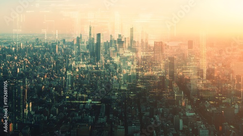 Wallpaper Mural A cityscape with digital overlays of economic indicators, including fluctuating stock market graphs and inflation rates, highlighting the broader financial impact on urban areas.  Torontodigital.ca