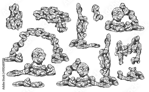 A large underwater rock mountain with seaweed and coral reef. Tropical underwater element of natural world, compositions, prints. Hand drawn textured sketch in black and white on isolated background