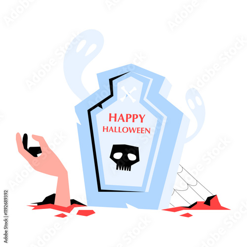 Grave With Skeleton Hand Rising In Flat Vector Illustration Symbolizing Halloween Spirit, Spooky Horror, And Celebration, Isolated On White Background