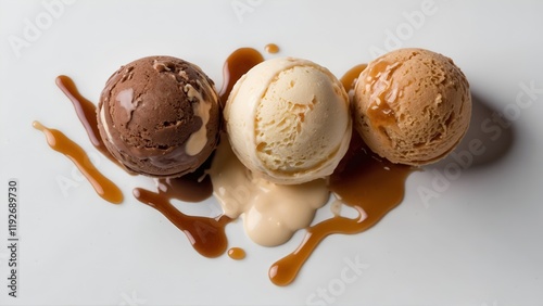 Indulgent and Decadent Ice Cream Scoops Topped Generously with Rich Caramel Sauce photo