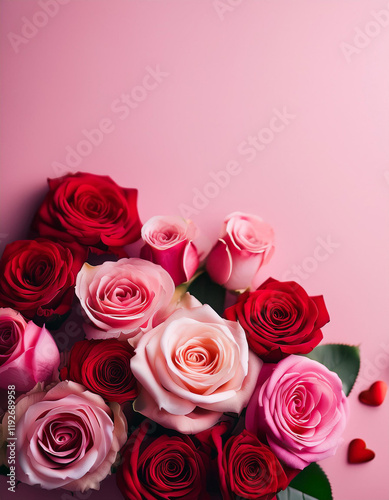 red and pink roses, heart, Valentine, copyspace, Generated image