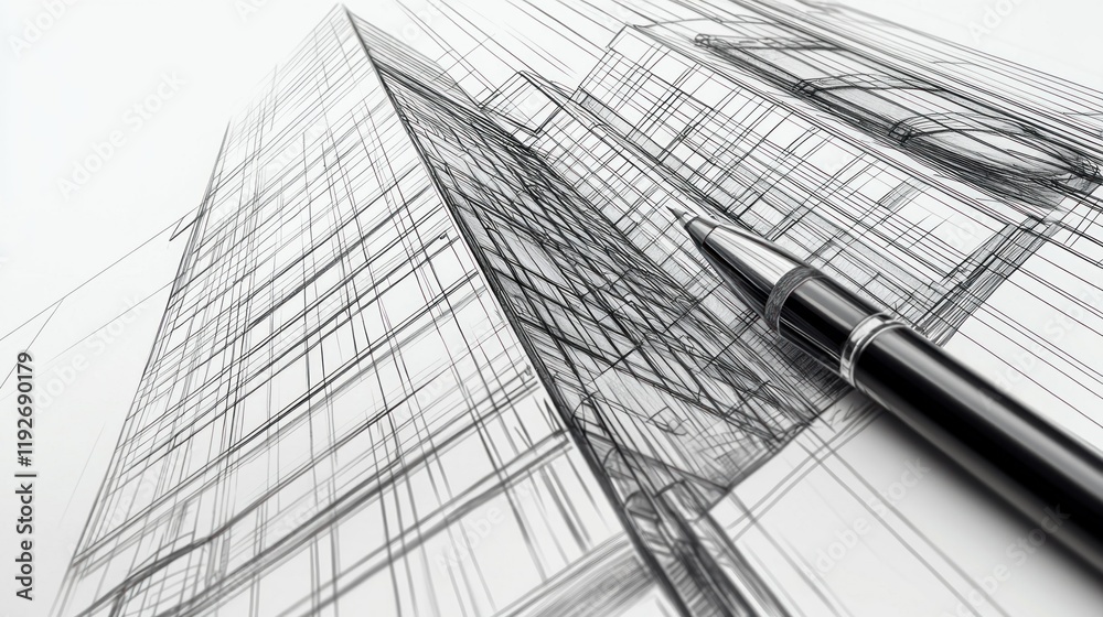 Fototapeta premium Architectural Design: Skyscraper Blueprint with Pen