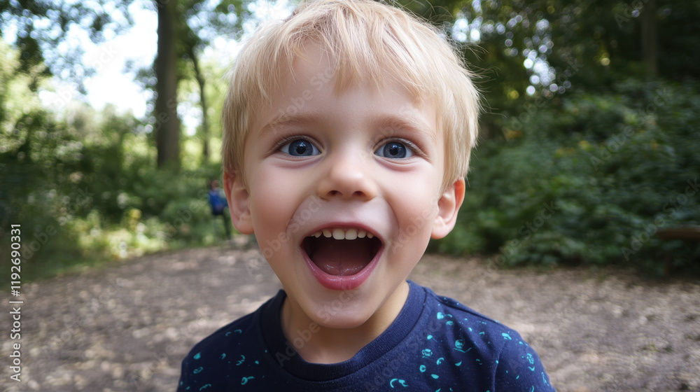 Surprised boy with blond hair and blue eyes, expressing joy in nature. His excitement is contagious, capturing moment of pure happiness outdoors Surprised boy with blond hair and blue eyes, expressing joy in nature. His excitement is contagious, capturing moment of pure happiness outdoors
