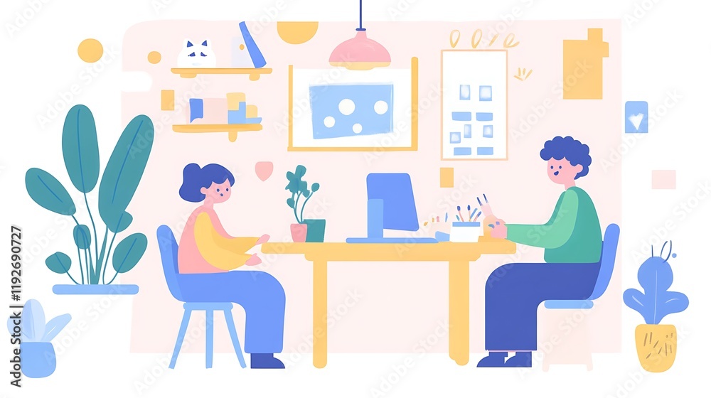 Two colleagues collaborate at a desk in a bright, plant-filled office. Two colleagues collaborate at a desk in a bright, plant-filled office.