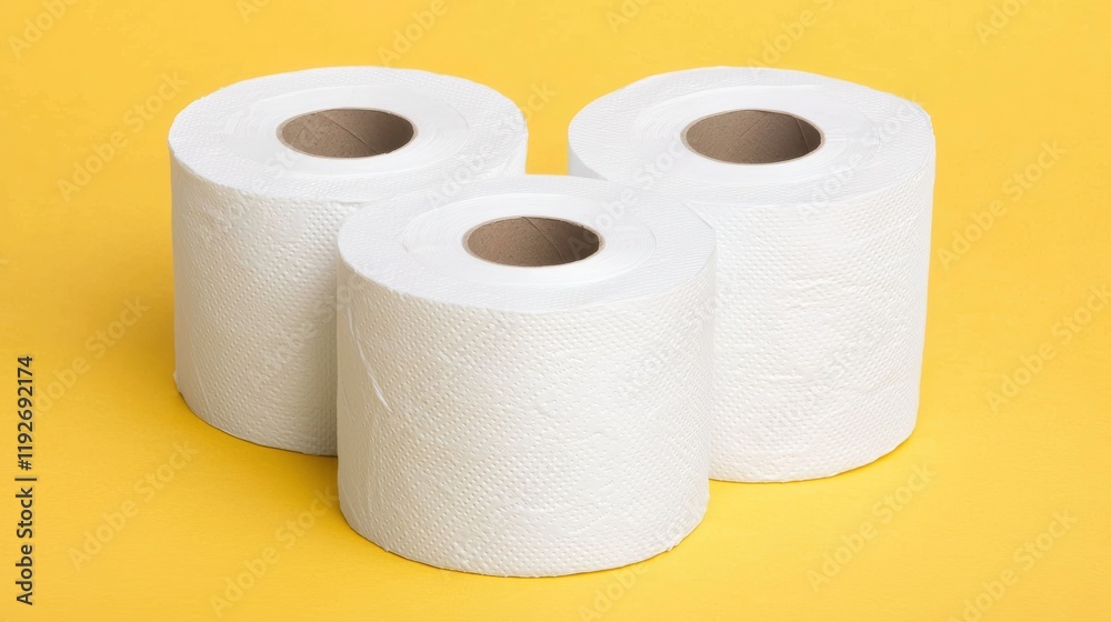 Three white toilet paper rolls arranged on a vibrant yellow background. Three white toilet paper rolls arranged on a vibrant yellow background.