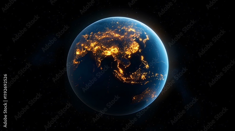 Obraz premium A digitally rendered image of Earth at night, showing the city lights of Asia and surrounding regions illuminated against the backdrop of a dark, star-studded space.