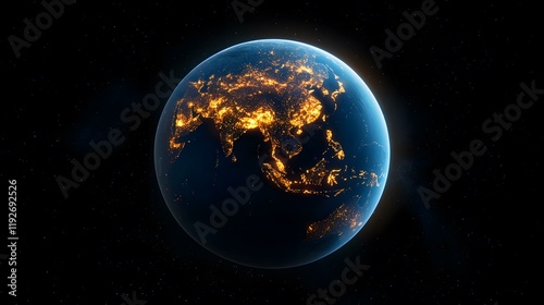 Fototapeta Naklejka Na Ścianę i Meble -  A digitally rendered image of Earth at night, showing the city lights of Asia and surrounding regions illuminated against the backdrop of a dark, star-studded space.