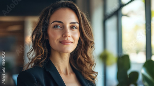 confident woman with curly hair smiles in modern office setting, showcasing professionalism and warmth. Her attire reflects business environment, enhancing her approachable demeanor
