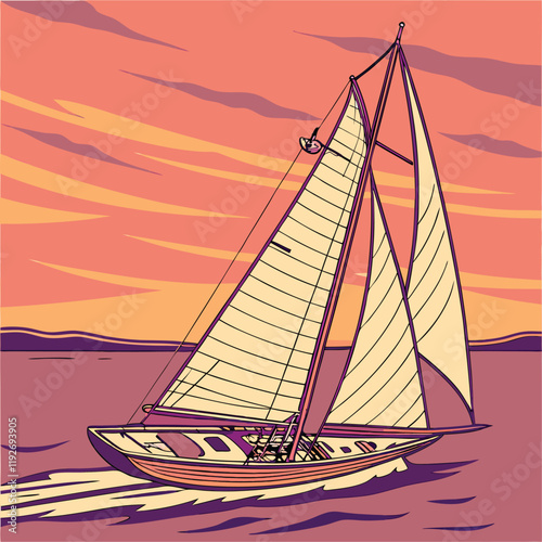 sailing ship with sunset vector illustration. 
sailing ship with billowing sails gliding over calm waves at sunset.