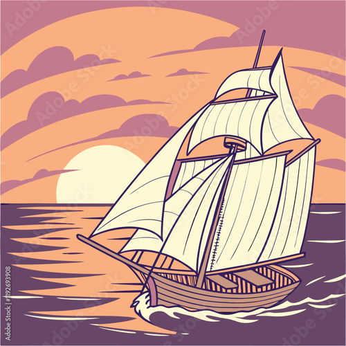 sailing ship with sunset vector illustration. 
sailing ship with billowing sails gliding over calm waves at sunset.