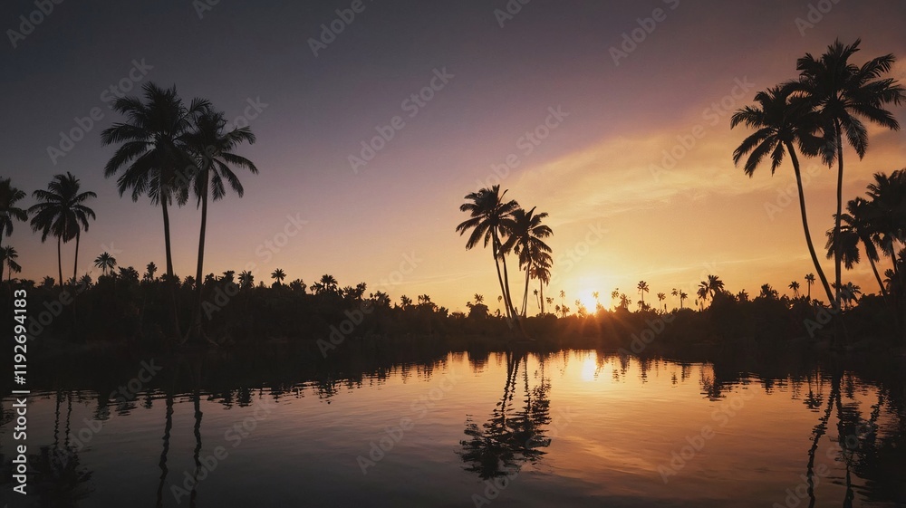 Serene Tropical Sunset over Calm Lake Serene Tropical Sunset over Calm Lake