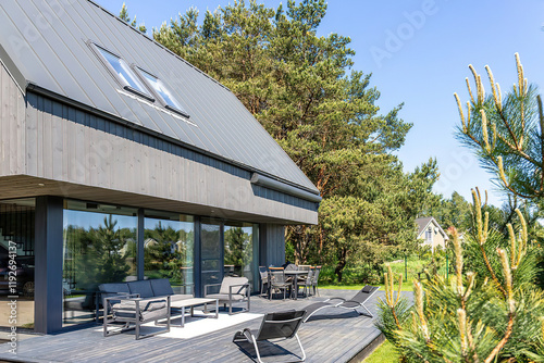 Modern luxury villa exterior in minimal scandinavian style, 3d render