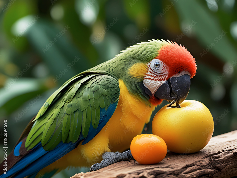 Fototapeta premium Colorful parrot eating fruit on a wooden branch, vibrant tropical setting