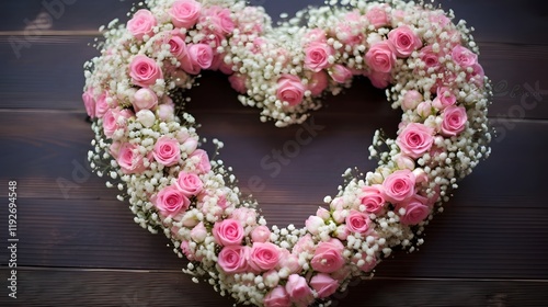 Exquisite heart shaped floral wreath crafted from delicate pink roses and soft baby s breath creating a romantic elegant and harmonious 16 9 composition  This botanical symbolizes love affection photo