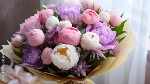 A bouquet of pastel colored peonies and tulips creating a harmonious and romantic floral arrangement perfect for a special Valentine s Day photo