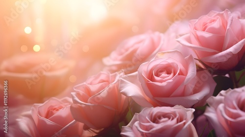 A close up of beautiful pink rose blooms with soft dreamlike lighting creating a romantic serene and intimate mood  The delicate petals and lush foliage are showcased in vivid detail