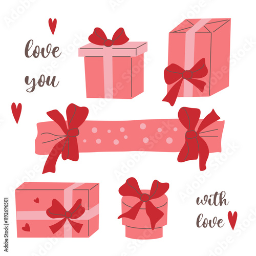 Valentine's Day card featuring hearts, bows, strawberries, gift box on a white background, celebrating love and romance