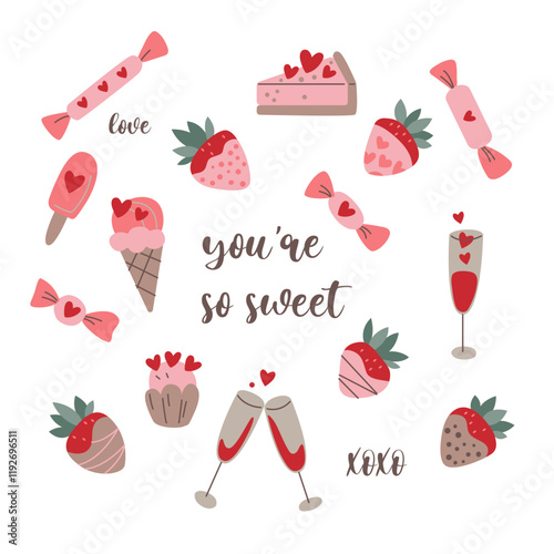 Valentine's Day card featuring hearts, bows, strawberries, champagne glasses on a white background, celebrating love and romance