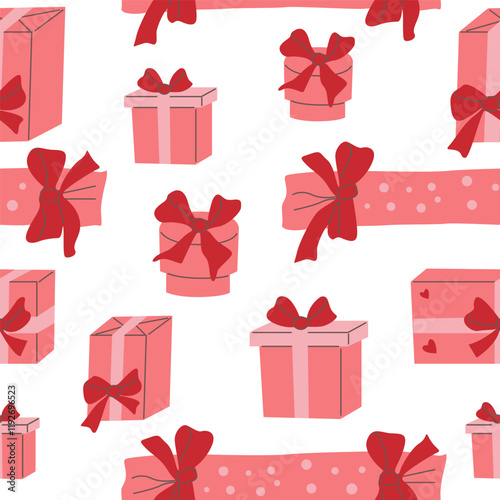 Various gift box in soft tones, arranged on a white background. A seamless pattern featuring, ideal for decor and textile design. Graphic pattern for fabric, wallpaper, packaging.
