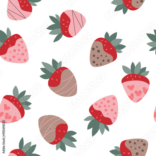 Various sweets, strawberries in soft tones, arranged on a white background. A seamless pattern featuring, ideal for decor and textile design. Graphic pattern for fabric, wallpaper, packaging.