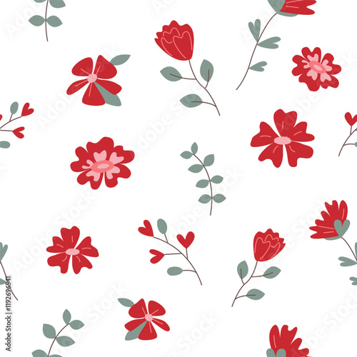 Various flowers in soft tones, arranged on a white background. A seamless pattern featuring, ideal for decor and textile design. Graphic pattern for fabric, wallpaper, packaging.