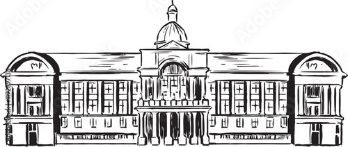 Birmingham Council House, England black and white ink sketch. Victorian Baroque architecture, intricate carvings, grand arches, central dome. Historic civic landmark. Tourism handdrawn isolated.