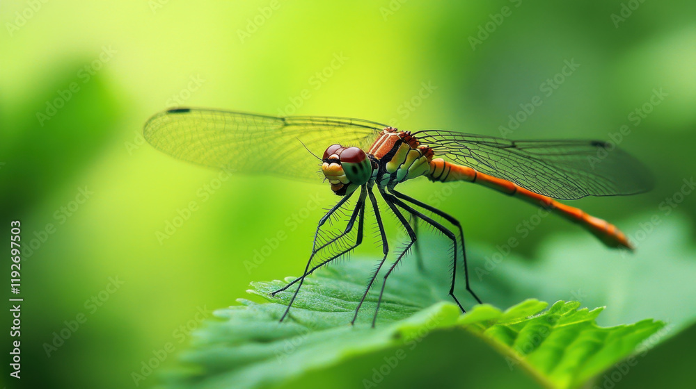 vibrant dragonfly perched on green leaf, showcasing intricate wings and colorful body. This close up captures beauty of nature and delicate details of insect vibrant dragonfly perched on green leaf, showcasing intricate wings and colorful body. This close up captures beauty of nature and delicate details of insect