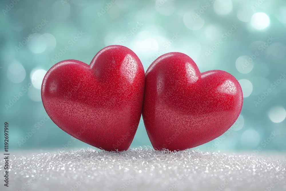 Fototapeta premium Two red hearts showing love and affection on glitter