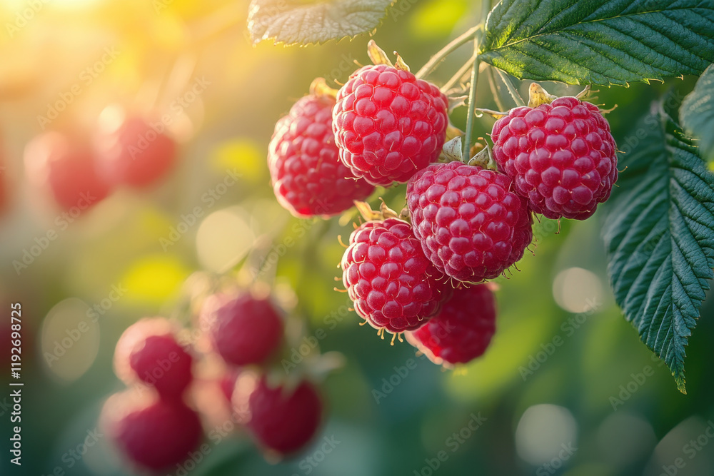 Ripe raspberries hanging on branch, illuminated by sunlight, create vibrant and fresh atmosphere. lush green leaves enhance beauty of these delicious berries Ripe raspberries hanging on branch, illuminated by sunlight, create vibrant and fresh atmosphere. lush green leaves enhance beauty of these delicious berries