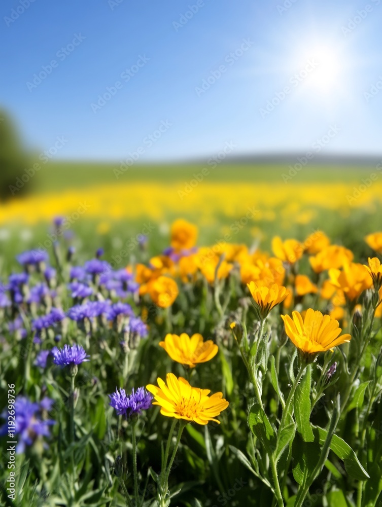 Fototapeta premium Vibrant yellow orange flowers bloom brightly under summer sun. AI Generated