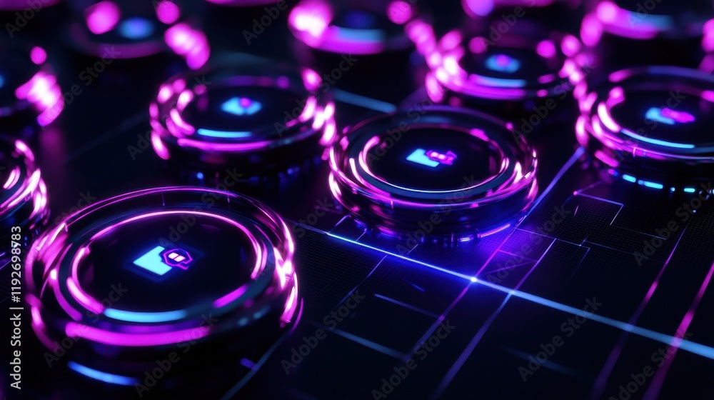 Futuristic neon buttons in digital interface with glowing technology concept Futuristic neon buttons in digital interface with glowing technology concept