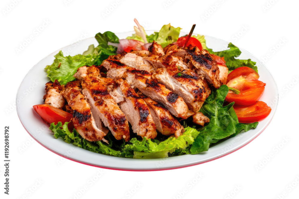 Grilled chicken breast slices on a bed of fresh lettuce, tomatoe, isolated on transparent background. Grilled chicken breast slices on a bed of fresh lettuce, tomatoe, isolated on transparent background.