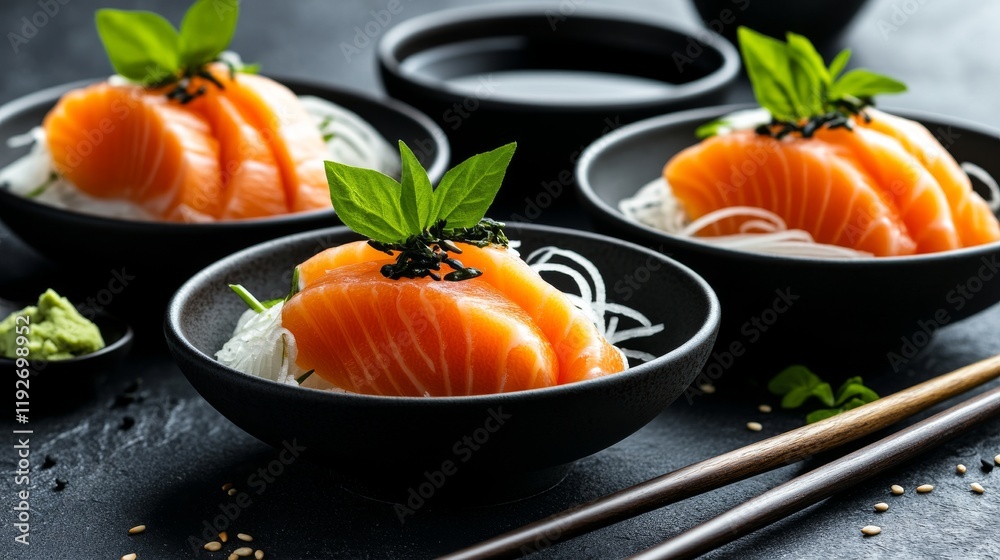 Salmon sashimi arranged in a flower pattern on grated daikon radish, garnished with shiso leaves, served with soy sauce and wasabi in a luxurious ceramic plate Salmon sashimi arranged in a flower pattern on grated daikon radish, garnished with shiso leaves, served with soy sauce and wasabi in a luxurious ceramic plate