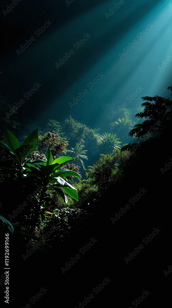 Obraz premium Mobile Phone Wallpaper - Dense jungle with lush green foliage illuminated by bright sun rays.