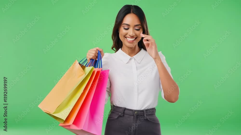 Cheerful woman shopper isolated on a Green Screen. Young girl in casual clothes walking with shopping bags on a green background. Sale day. Pretty happy female buyer having fun on Chroma Key Backdrop.