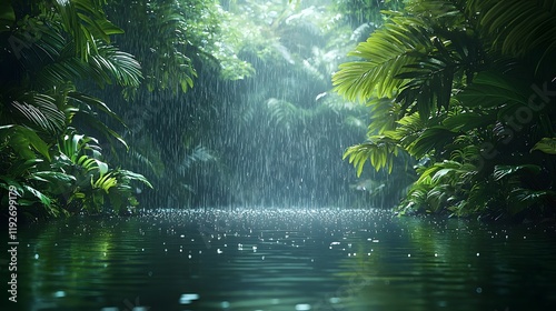 Lush tropical rainforest during a rainy storm with water droplets and rippling pools