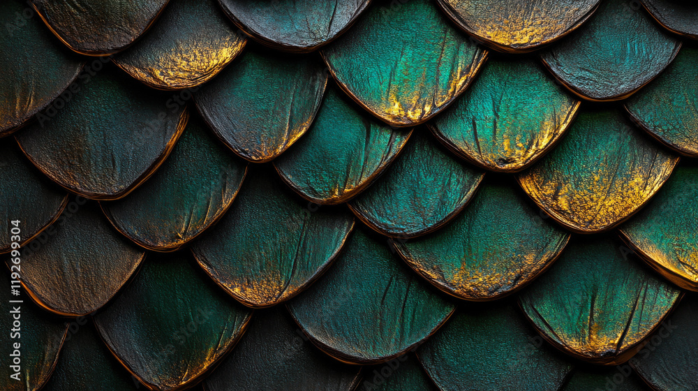 Fototapeta premium Dragon scale texture with shimmering greens and golds, fantastical and intricate