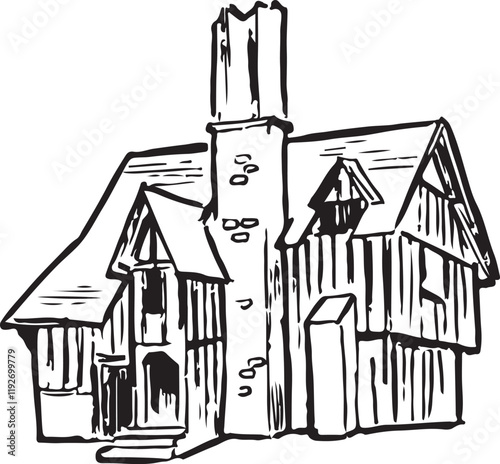 Selly Manor Museum, Birmingham, England black and white ink sketch. Tudor-style building with timber frames and historic charm. Cultural and historic site illustration. Tourism hand drawn artwork