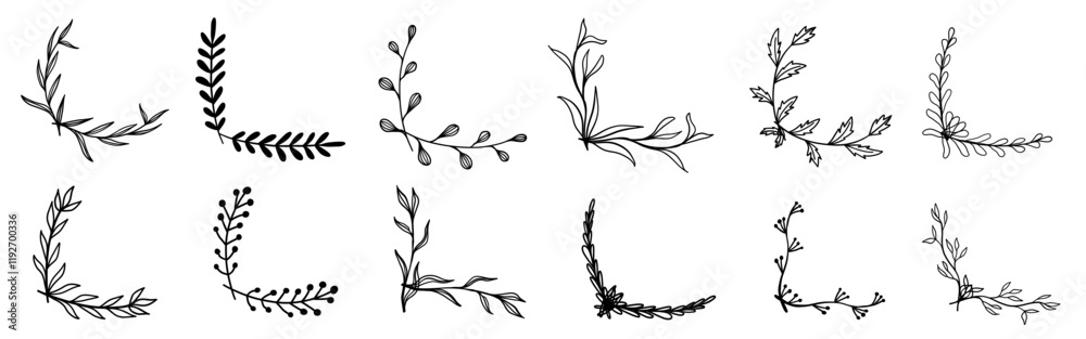 Floral frame half corner rectangle wedding flourish hand drawn doodle sketch monochrome set in minimalistic style.