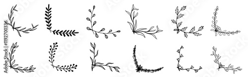 Floral frame half corner rectangle wedding flourish hand drawn doodle sketch monochrome set in minimalistic style.
