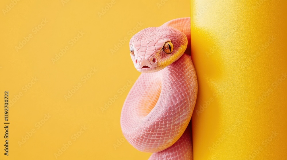 Fototapeta premium Pink snake coiled around yellow surface depicting unique coloration and reptile concept